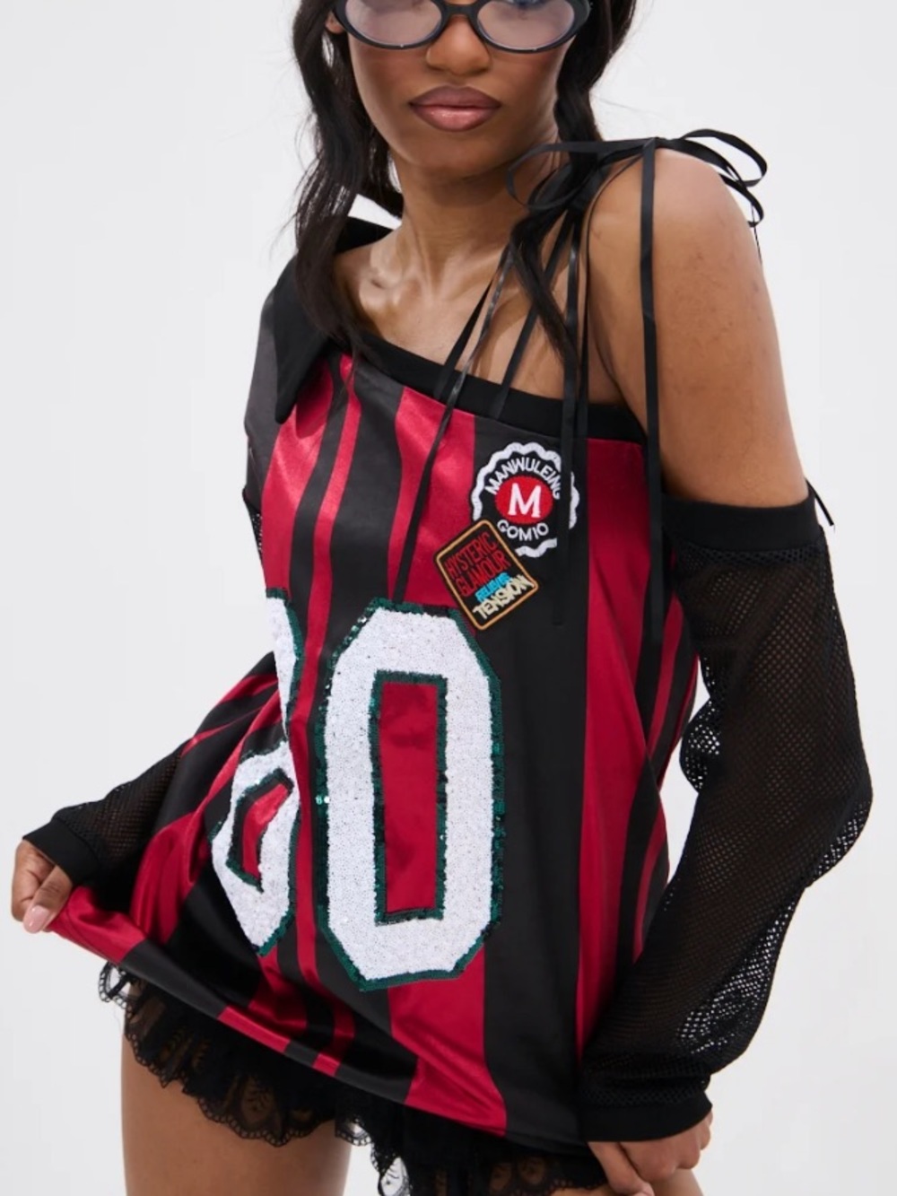 AKIRA Red and Black Striped Sequin-Number Jersey READ DESCRIPTION